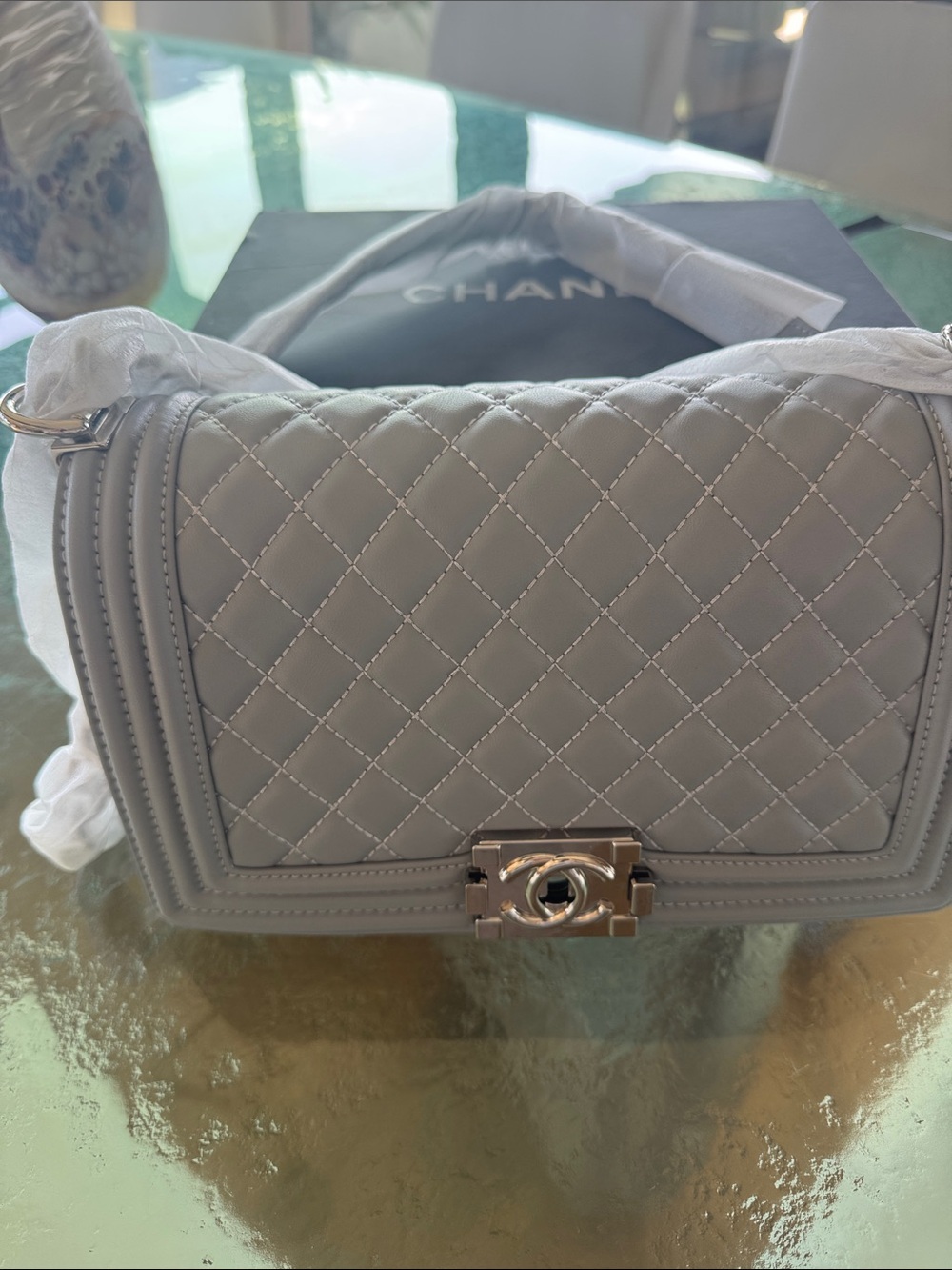CHANEL replica Light Gray Quilted Leather Shoulder Bag with Silver Hardware.